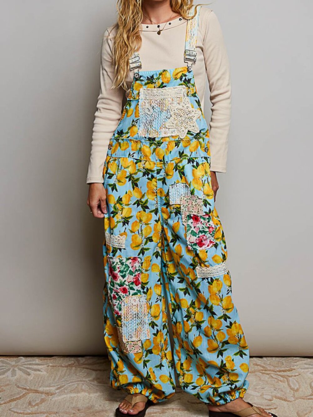 POL Sky Blue & Lemons Woven Patchwork Overall - Picture 7 of 7